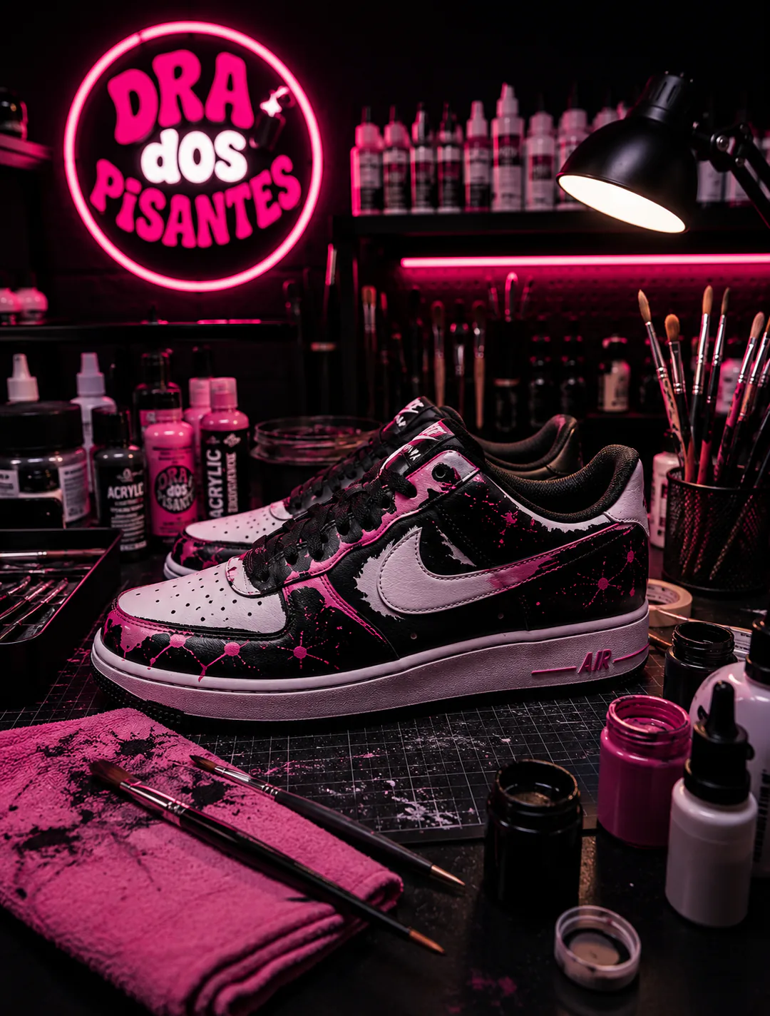 Tênis customizado em uma bancada de atelier com iluminação rosa