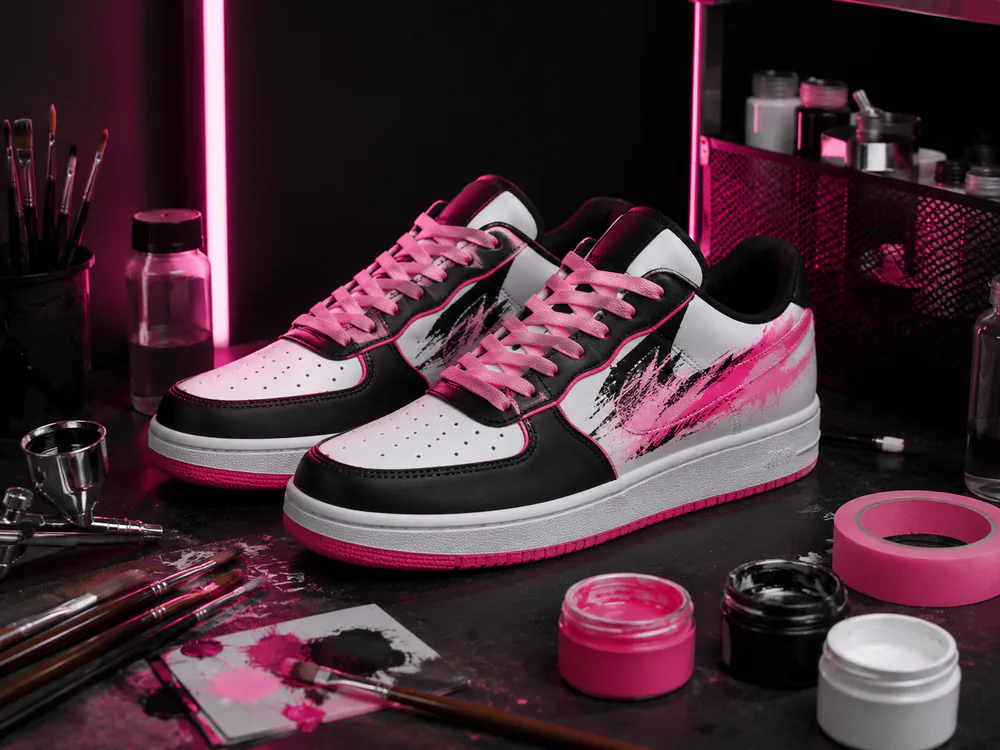 Par de tênis preto e branco customizado com detalhes rosa sobre bancada de atelier com aerógrafo
